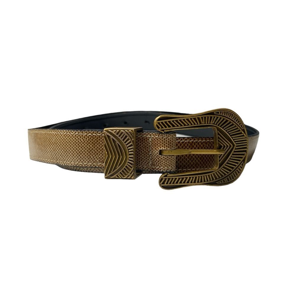 Riki Designs Genuine Leather Snakeskin Belt Gold Aztec Buckle Women's Size XL